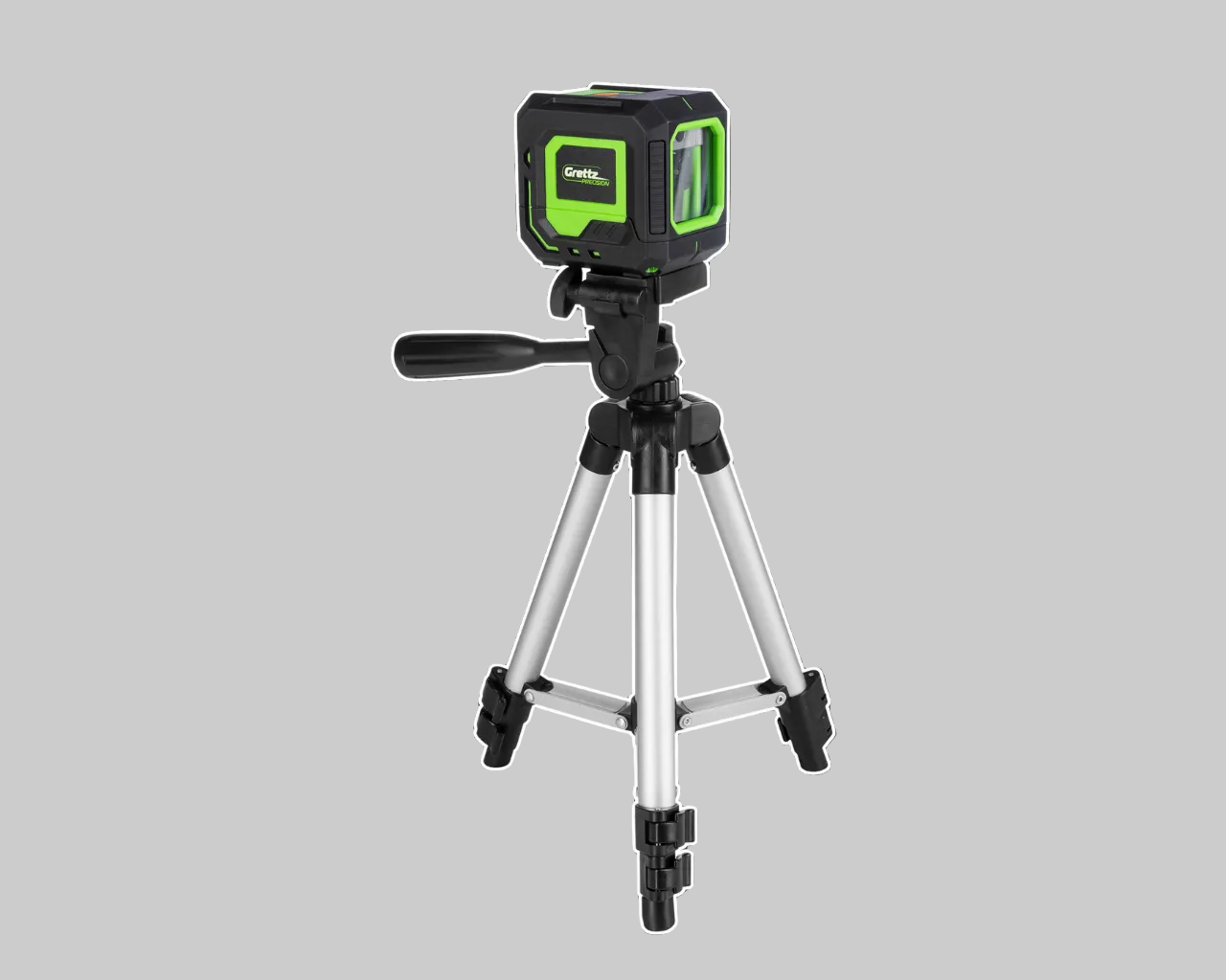 G2D Mini Cross Line Green laser level on a tripod with a black background
