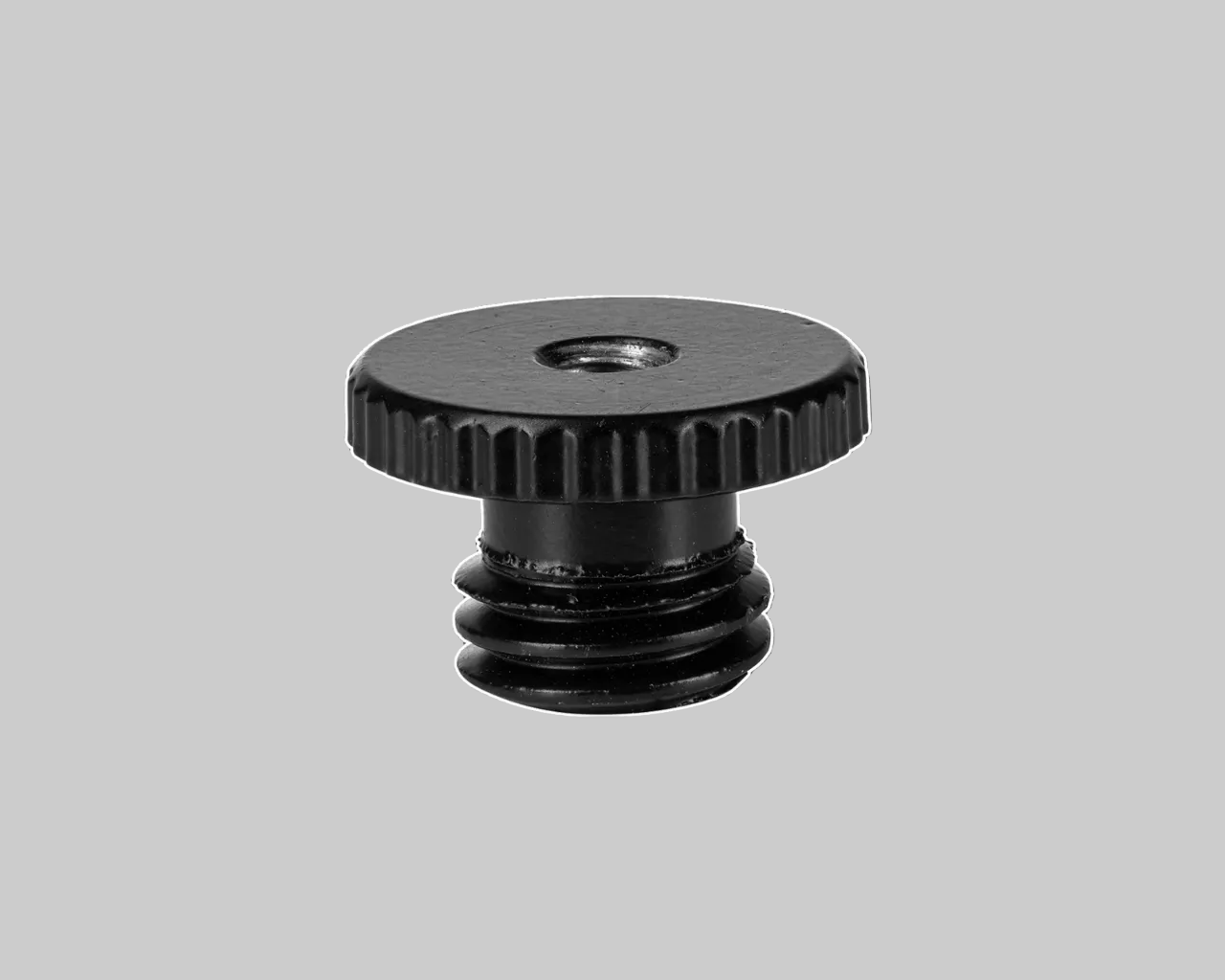 Black threaded knob on a gray background
