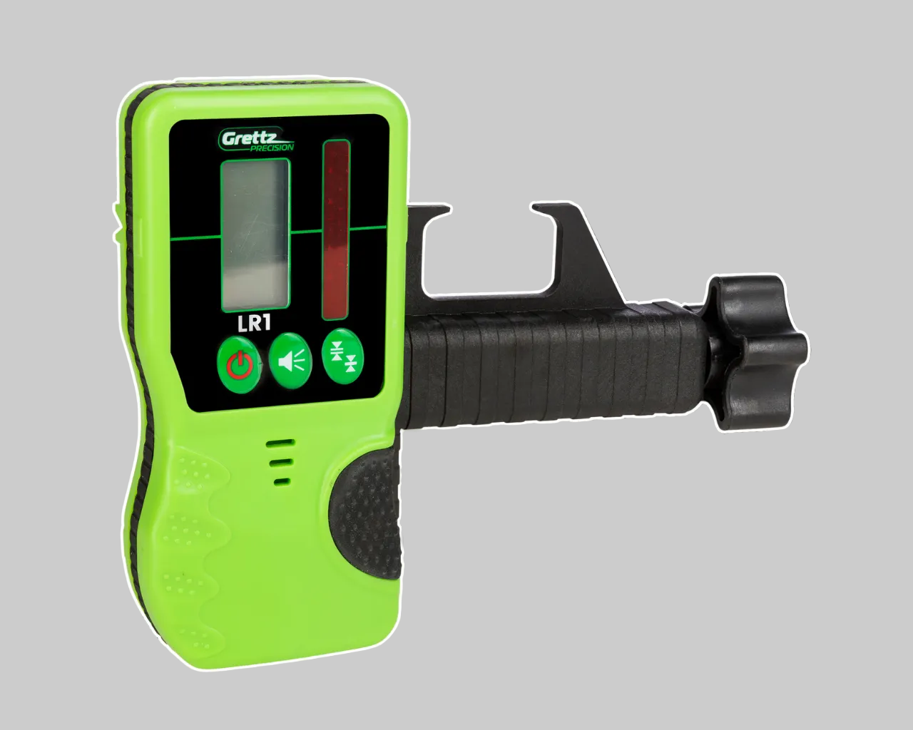 Green and black electronic device with digital display on a gray background