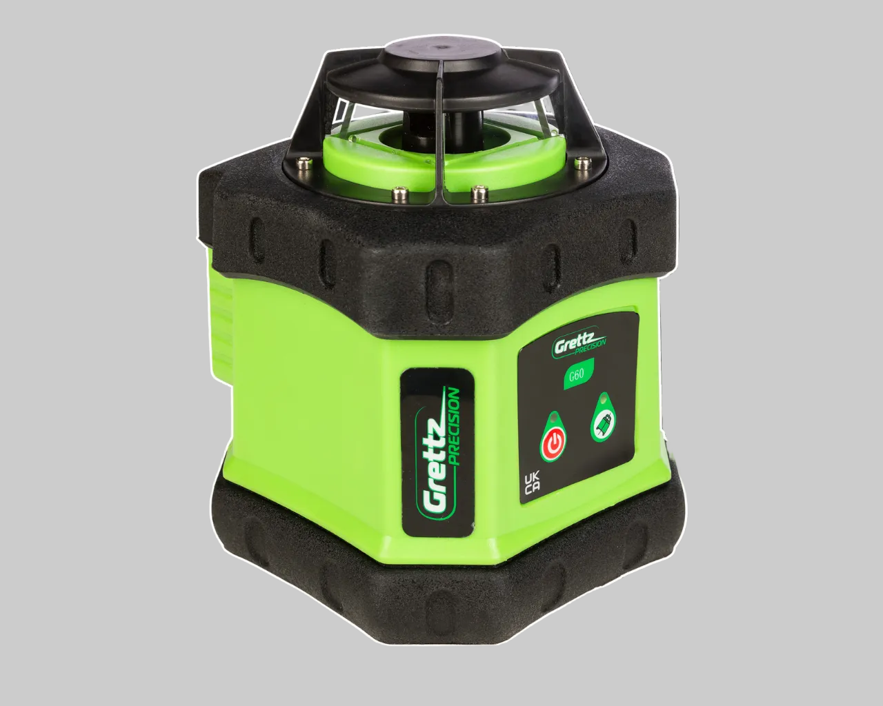 Green and black laser level with Grettz branding on a gray background