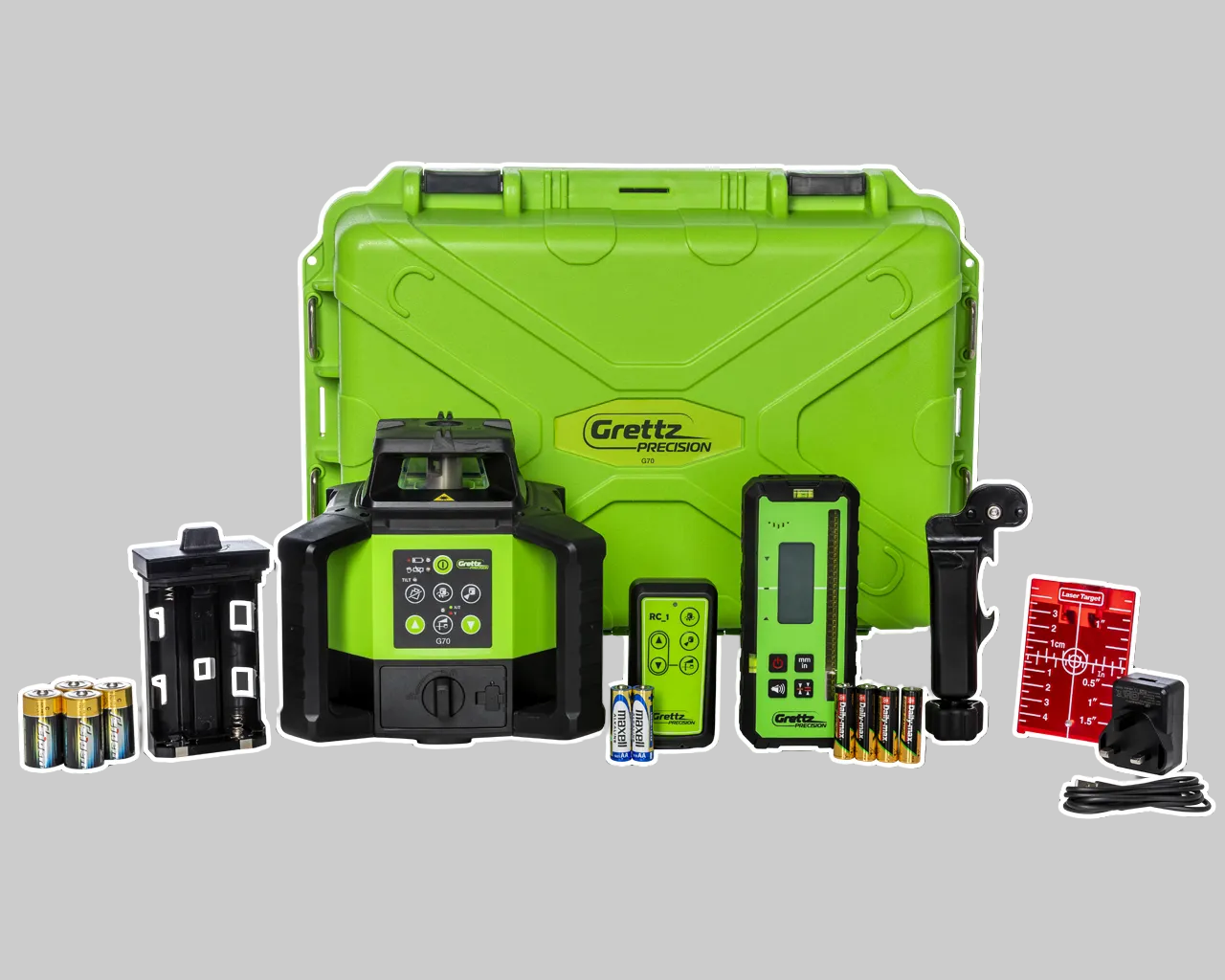 G70 Red Beam Rotating Laser Level Kit on a gray background