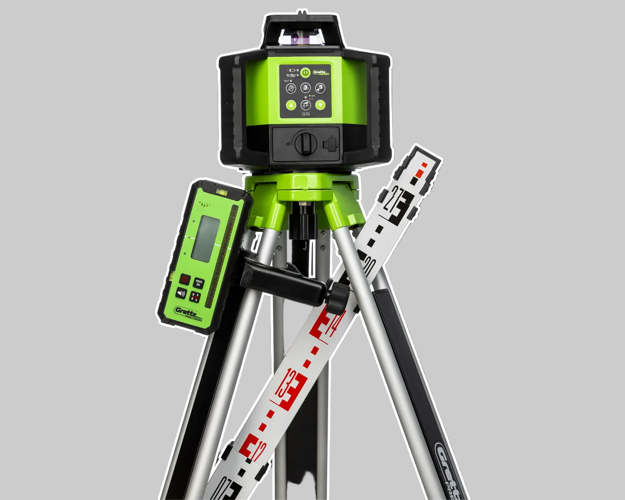 G70 Green laser level with tripod on a gray background