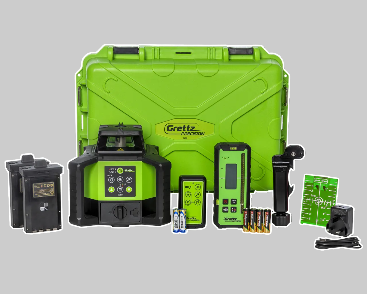 G80 Green laser level Full kit with accessories on a gray background