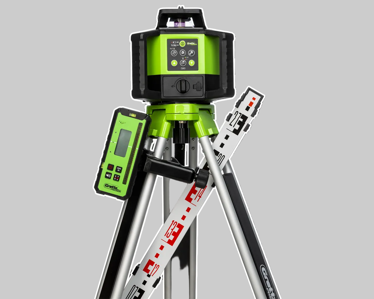 G80 Green laser level with tripod on a gray background