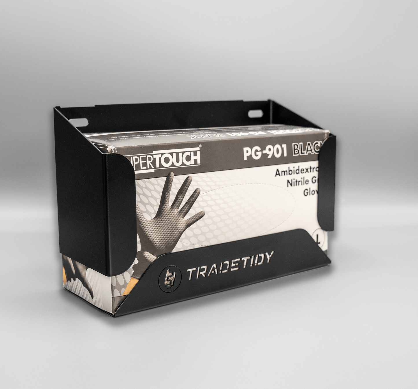 Nitrile Gloves in a Black Glove Box Holder on a Gray Background