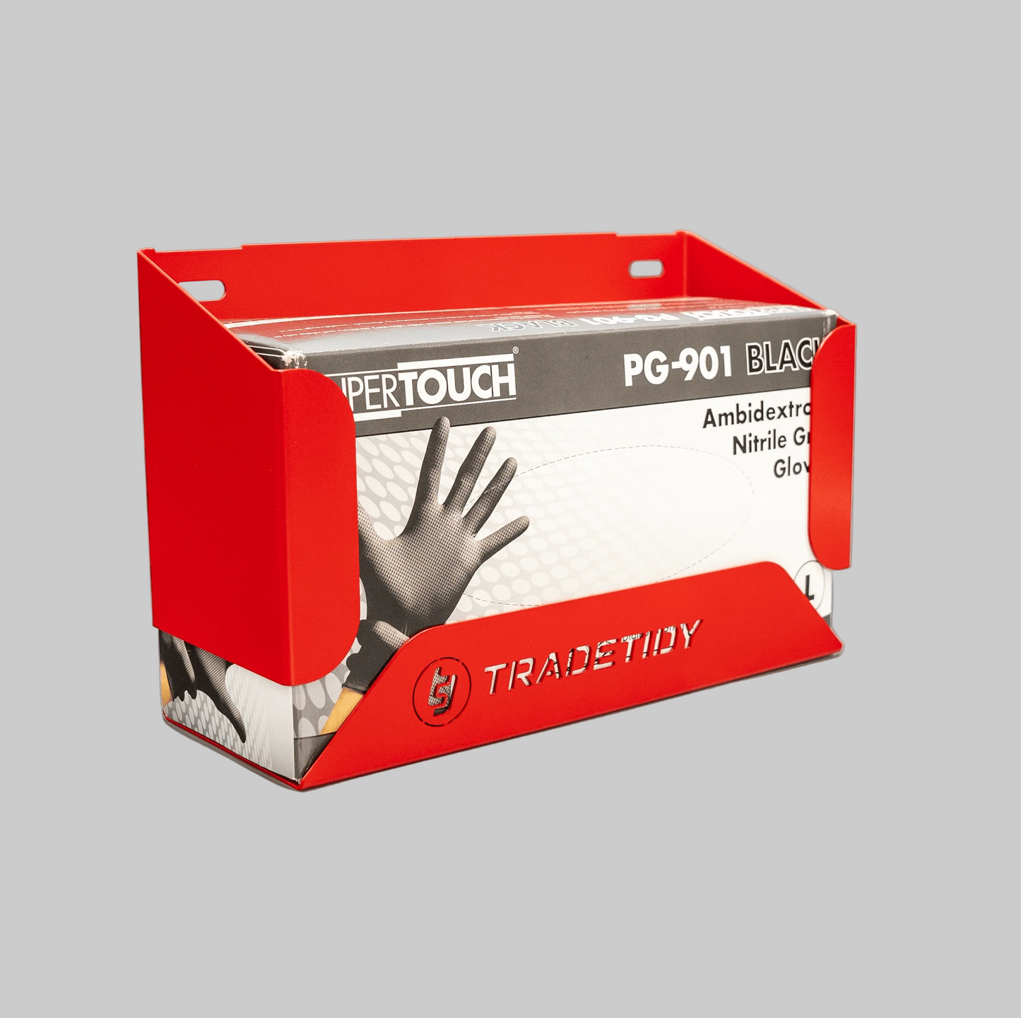 Nitrile Gloves in a Red Glove Box Holder on a Gray Background