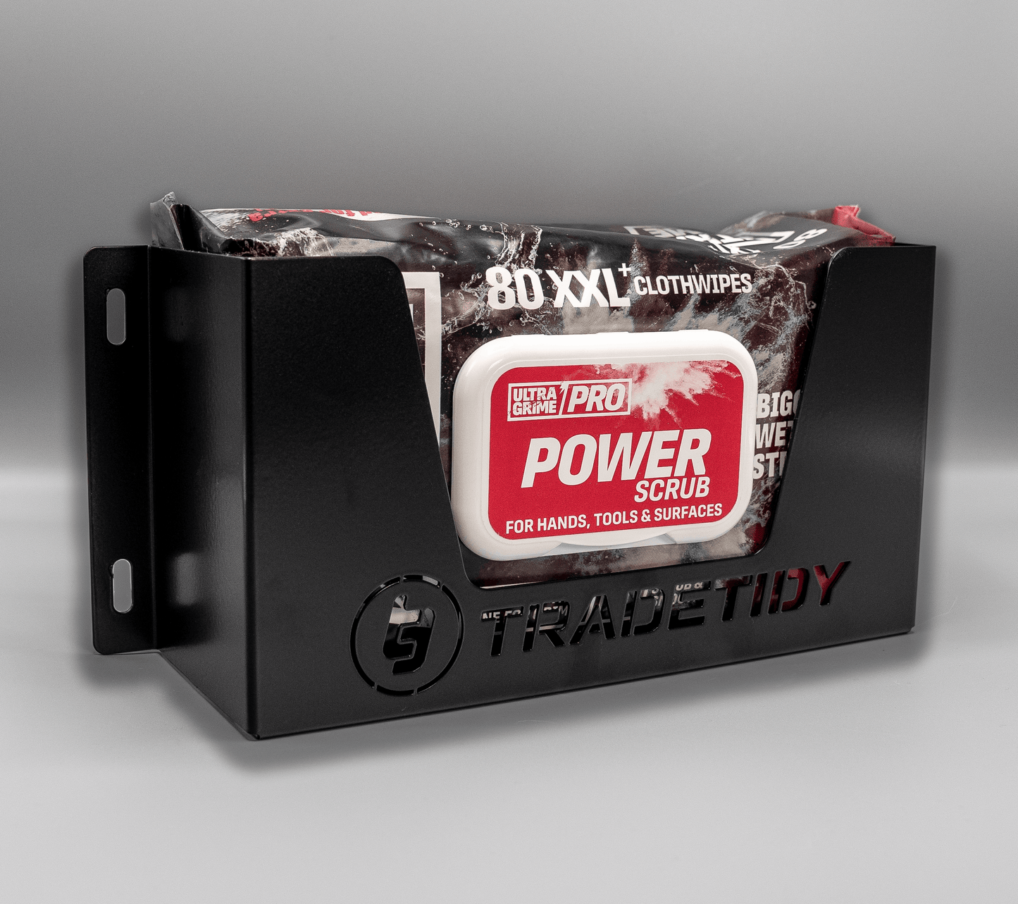 Black Ultragrimes Wipes in a Black Wipes Holder on a Gray Background